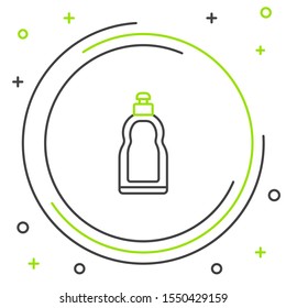 Black and green line Plastic bottle for liquid laundry detergent, bleach, dishwashing liquid or another cleaning agent icon isolated on white background. Colorful outline concept. Vector Illustration