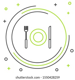 Black and green line Plate, fork and knife icon isolated on white background. Cutlery symbol. Restaurant sign. Colorful outline concept. Vector Illustration
