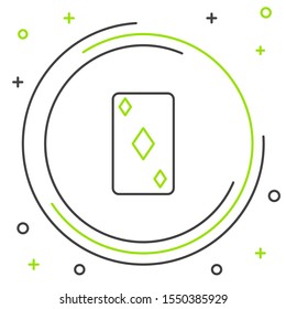 Black and green line Playing card with diamonds symbol icon isolated on white background. Casino gambling. Colorful outline concept. Vector Illustration