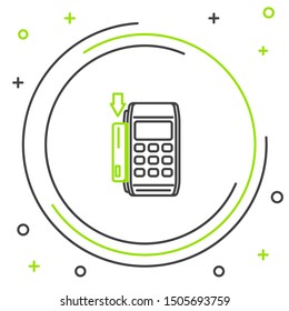 Black and green line Pos terminal with inserted credit card icon isolated on white background. Payment terminal transaction. Pay by card. Colorful outline concept. Vector Illustration