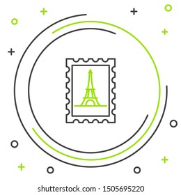 Black and green line Postal stamp and Eiffel tower icon isolated on white background. Colorful outline concept. Vector Illustration