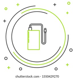 Black and green line Power bank with different charge cable icon isolated on white background. Portable charging device. Colorful outline concept. Vector Illustration