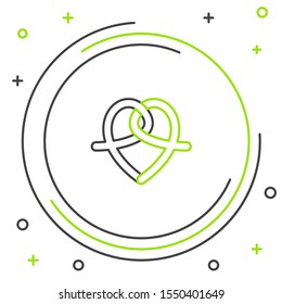 Black and green line Pretzel icon isolated on white background. German comfort food pastry. Oktoberfest festival. Colorful outline concept. Vector Illustration