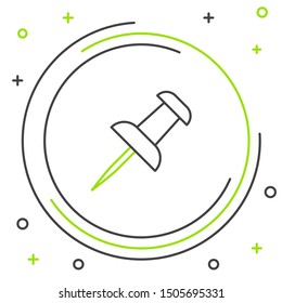 Black and green line Push pin icon isolated on white background. Thumbtacks sign. Colorful outline concept. Vector Illustration