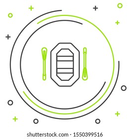 Black and green line Rafting boat icon isolated on white background. Inflatable boat with paddles. Water sports, extreme sports, holiday, vacation. Colorful outline concept. Vector Illustration
