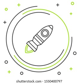 Black and green line Rocket ship with fire icon isolated on white background. Space travel. Colorful outline concept. Vector Illustration