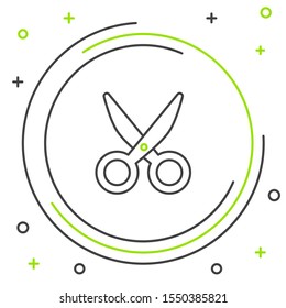 Black and green line Scissors icon isolated on white background. Cutting tool sign. Colorful outline concept. Vector Illustration