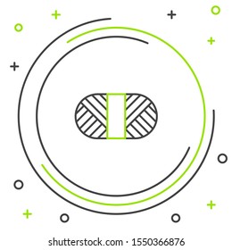 Black and green line Sewing thread on spool icon isolated on white background. Yarn spool. Thread bobbin. Colorful outline concept. Vector Illustration