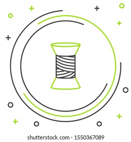 Black and green line Sewing thread on spool icon isolated on white background. Yarn spool. Thread bobbin. Colorful outline concept. Vector Illustration