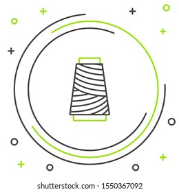 Black and green line Sewing thread on spool icon isolated on white background. Yarn spool. Thread bobbin. Colorful outline concept. Vector Illustration