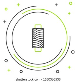 Black and green line Sewing thread on spool icon isolated on white background. Yarn spool. Thread bobbin. Colorful outline concept. Vector Illustration