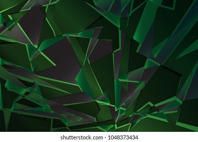 Black green line shadow low polygon abstract background, broken glass triangular wallpaper, geometric technology banner, dark polygonal texture, dusk night vector backdrop, shiny crystal pattern.