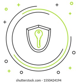Black and green line Shield with key icon isolated on white background. Protection and security concept. Safety badge icon. Privacy banner. Defense tag. Colorful outline concept. Vector Illustration