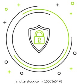 Black and green line Shield security with lock icon isolated on white background. Protection, safety, password security. Firewall access privacy sign. Colorful outline concept. Vector Illustration