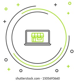 Black and green line Shopping building on screen laptop icon isolated on white background. Concept e-commerce, e-business, online business marketing. Colorful outline concept. Vector Illustration