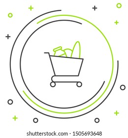 Black and green line Shopping cart and food icon isolated on white background. Food store, supermarket. Colorful outline concept. Vector Illustration