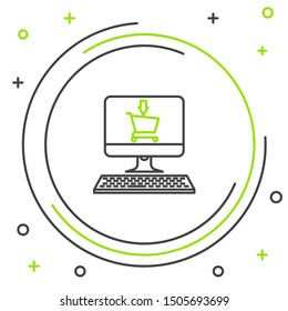 Black and green line Shopping cart on screen computer icon isolated on white background. Concept e-commerce, e-business, online business marketing. Colorful outline concept. Vector Illustration