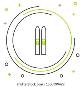 Black and green line Ski and sticks icon isolated on white background. Extreme sport. Skiing equipment. Winter sports icon. Colorful outline concept. Vector Illustration
