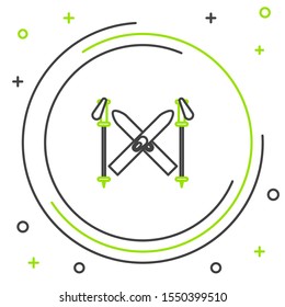 Black and green line Ski and sticks icon isolated on white background. Extreme sport. Skiing equipment. Winter sports icon. Colorful outline concept. Vector Illustration