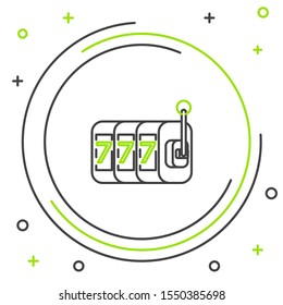 Black and green line Slot machine with lucky sevens jackpot icon isolated on white background. Colorful outline concept. Vector Illustration