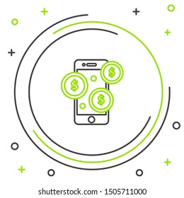 Black and green line Smartphone with dollar symbol icon on white background. Online shopping concept. Financial mobile phone icon. Online payment. Colorful outline concept. Vector Illustration