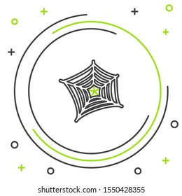 Black and green line Spider web icon isolated on white background. Cobweb sign. Happy Halloween party. Colorful outline concept. Vector Illustration