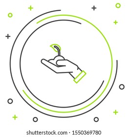 Black and green line Sprout in hand of environmental protection icon isolated on white background. Seed and seedling. Planting sapling. Ecology concept. Colorful outline concept. Vector Illustration