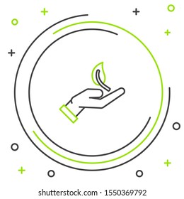 Black and green line Sprout in hand of environmental protection icon isolated on white background. Seed and seedling. Planting sapling. Ecology concept. Colorful outline concept. Vector Illustration