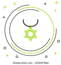 Black and green line Star of David necklace on chain icon isolated on white background. Jewish religion symbol. Symbol of Israel. Jewellery and accessory. Colorful outline concept. Vector Illustration