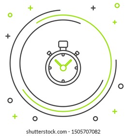 Black and green line Stopwatch icon isolated on white background. Time timer sign. Chronometer sign. Colorful outline concept. Vector Illustration