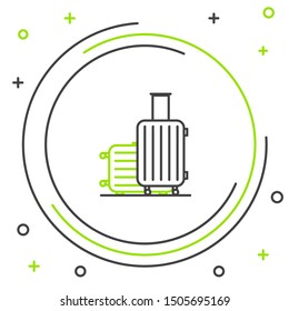 Black and green line Suitcase for travel icon isolated on white background. Traveling baggage sign. Travel luggage icon. Colorful outline concept. Vector Illustration