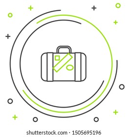 Black and green line Suitcase for travel and stickers icon isolated on white background. Traveling baggage sign. Travel luggage icon. Colorful outline concept. Vector Illustration