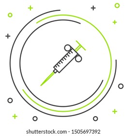 Black and green line Syringe icon isolated on white background. Syringe for vaccine, vaccination, injection, flu shot. Medical equipment. Colorful outline concept. Vector Illustration