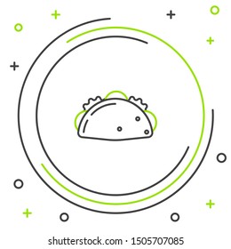 Black and green line Taco with tortilla icon isolated on white background. Traditional mexican fast food menu. Colorful outline concept. Vector Illustration