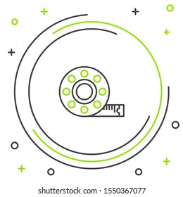 Black and green line Tape measure icon isolated on white background. Measuring tape. Colorful outline concept. Vector Illustration