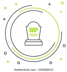 Black and green line Tombstone with RIP written on it icon isolated on white background. Grave icon. Colorful outline concept. Vector Illustration