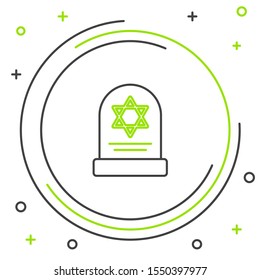 Black and green line Tombstone with star of david icon isolated on white background. Jewish grave stone. Gravestone icon. Colorful outline concept. Vector Illustration
