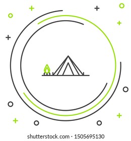 Black and green line Tourist tent with wood fire icon isolated on white background. Camping symbol. Colorful outline concept. Vector Illustration