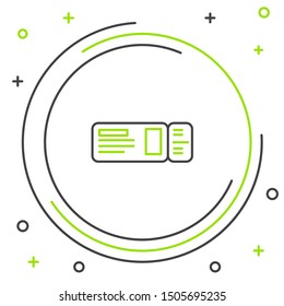 Black and green line Travel ticket icon isolated on white background. Train, ship, plane, tram, bus transport. Travel service concept. Colorful outline concept. Vector Illustration