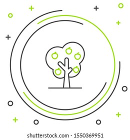 Black and green line Tree with apple icon isolated on white background. Agricultural plant. Organic farm product. Gardening theme. Colorful outline concept. Vector Illustration