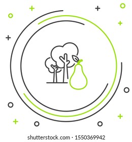 Black and green line Tree with pears icon isolated on white background. Agricultural plant. Organic farm product. Gardening theme. Colorful outline concept. Vector Illustration