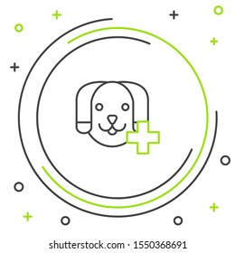 Black and green line Veterinary clinic symbol icon isolated on white background. Cross with dog veterinary care. Pet First Aid sign. Colorful outline concept. Vector Illustration