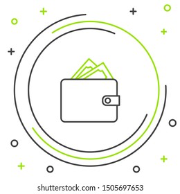 Black and green line Wallet with stacks paper money cash icon isolated on white background. Purse icon. Cash savings symbol.  Colorful outline concept. Vector Illustration