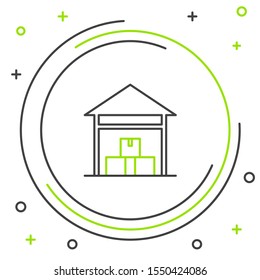 Black and green line Warehouse icon isolated on white background. Colorful outline concept. Vector Illustration