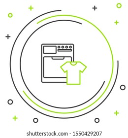 Black and green line Washer and t-shirt icon isolated on white background. Washing machine icon. Clothes washer - laundry machine. Home appliance symbol. Colorful outline concept. Vector Illustration