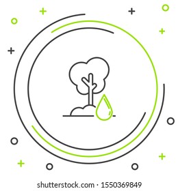 Black and green line Watering Tree icon isolated on white background. Forest symbol. Irrigation symbol. Colorful outline concept. Vector Illustration