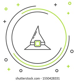 Black and green line Witch hat icon isolated on white background. Happy Halloween party. Colorful outline concept. Vector Illustration