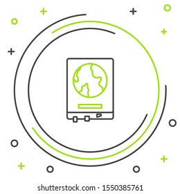 Black and green line World map on a school blackboard icon isolated on white background. Drawing of map on chalkboard. Colorful outline concept. Vector Illustration