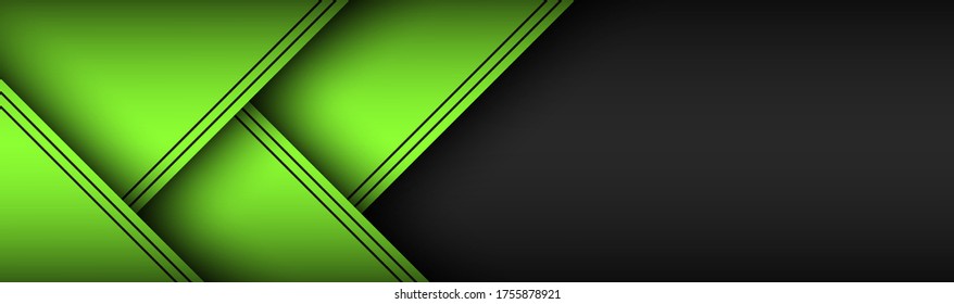 Black and green material design header. Modern technology banner with overlap sheets of paper with black lines. Widescreen vector illustration