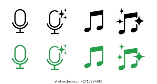 Iconos negros y verdes del micrófono y de la nota de la música icono del micrófono aislado en el fondo blanco